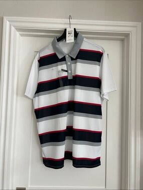 Adidas White, Black, Gray & Red Striped Golf Polo